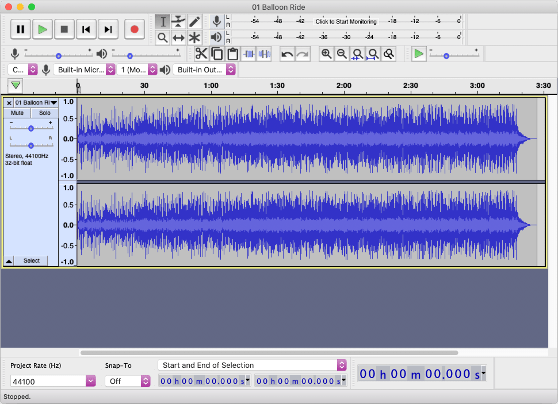 The song "Balloon Ride" as it appears in the audio app Audacity, to help illustrate mastering techniques.